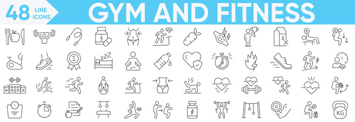 Gym and Fitness outline icon set.Fitness, training, barbell, muscles, healthy, Lifestyle, Weight Training, exercise, diet, body care, workout and more.Vector and illustrator set.
