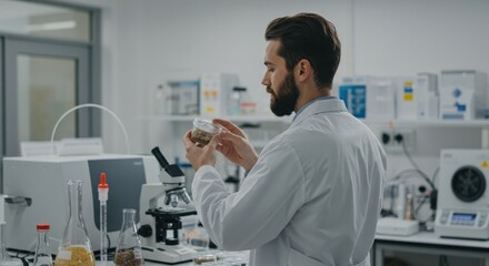 Naklejka premium Caucasian male scientist in a white lab coat examining a plant sample in a container in a modern laboratory setting