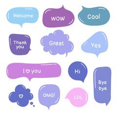 Vector set of hand drawn color think and talk speech bubbles with message, greetings and dialog. Stickers.