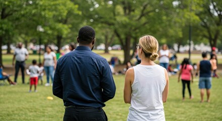 Naklejka premium Rear view of a Black man and a white woman standing in a park, observing a diverse group of adults and children gathered on the grass during a daytime community event.
