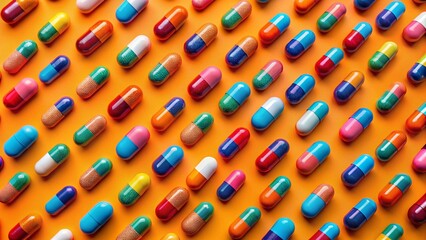 Fototapeta premium Vibrant Pill Pattern Wallpaper: Colorful Capsules on Orange Background