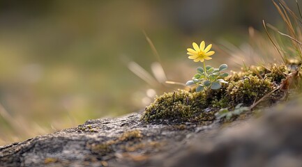 Solitary yellow wildflower blossoms amidst moss on a rock, bathed in soft sunlight