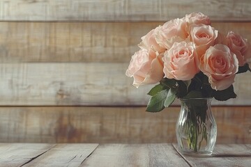 A bouquet of pale pink roses in a clear glass vase sits on a rustic wooden surface against a wood backdrop