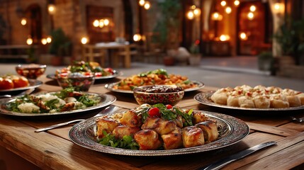 Assorted Dishes on Wooden Table in Outdoor Setting