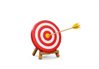 An arrow hits the bullseye of a target with a wooden stand on a plain backdrop