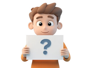 Obraz premium A Cheerful 3d Cartoon Boy Holds A White Sign With A Question Mark On It He Looks Curious And Hopeful