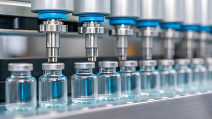 Vaccine production facility with glass vials being filled by automated machinery in clean industrial environment ensuring safety and efficiency