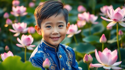 Vietnamese child in elegant Ao Dai stands peacefully amidst blooming lotuses. A natural candid portrait exuding softness, tradition, and cultural pride.