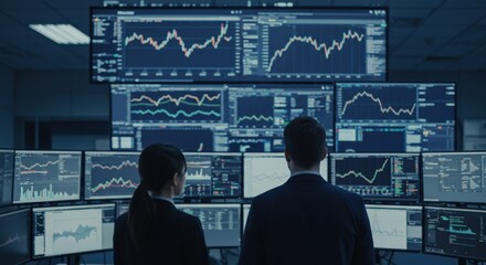 Rear view of a man and woman analyzing financial data and stock market charts on multiple computer monitors in a dark control room