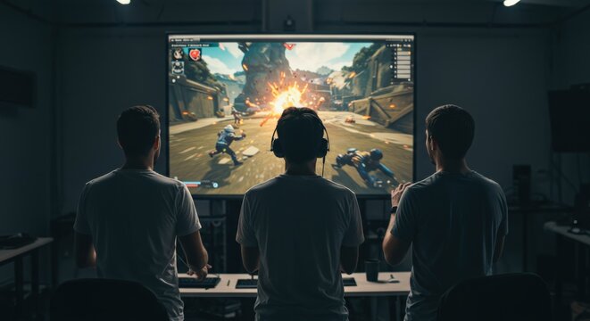 Rear view of three young adult men playing an action video game together on a large projector screen in a dimly lit room - Powered by Adobe