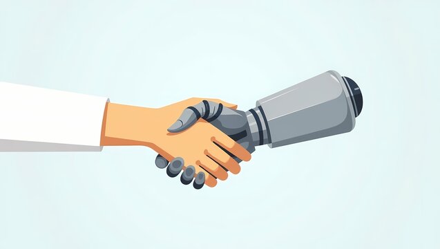 Human and Robot Partnership: A symbolic handshake between a human and a robot, illustrating collaboration and technological progress, with a clean and modern graphic style.