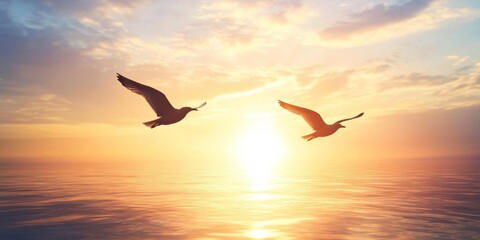 Sunset over the ocean with seagulls flying in the warm golden light