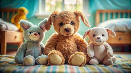 Vintage Documentary Photo: Three Beloved Stuffed Animals - Teddy Bear, Bunny, and Dog