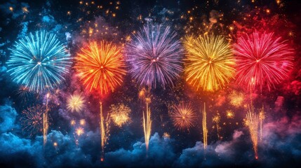 Colorful Fireworks Display Illuminating Night Sky with Various Shapes and Patterns Creating a Stunning Visual Experience for Celebrations