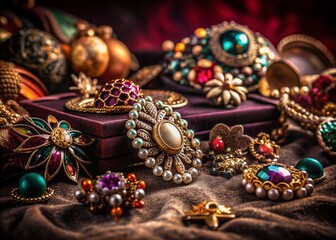 Vintage Jewelry Collection on Velvet Fabric - Low Light Photography