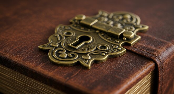 Antique Leather-Bound Journal with Ornate Brass Clasp and Keyhole - Powered by Adobe