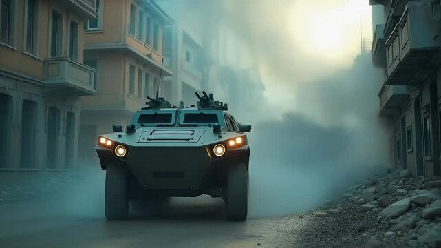 A military vehicle in urban war zone