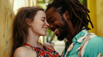 Happy couple sharing a joyful moment in a vibrant urban setting on a sunny day