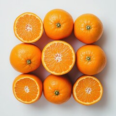 Fresh oranges, whole and sliced, arranged in a square pattern on a white background