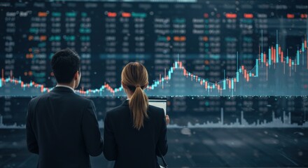Rear view of a businessman and businesswoman analyzing stock market data and charts on a large digital display