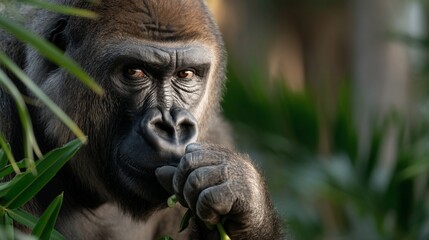 Obraz premium Close-up of a gorilla eating leaves in jungle