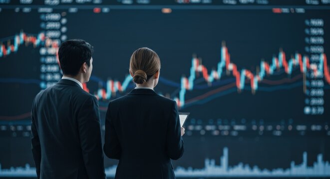 Two professional adults, a man and a woman in business suits, analyzing complex stock market data charts on a large digital screen in a financial setting.
