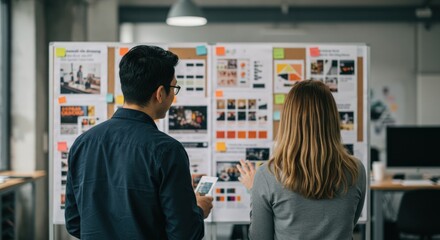 a man and a woman collaborate in an office workplace