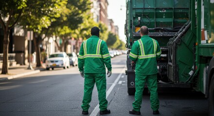 Fototapeta premium Two sanitation workers in green reflective uniforms stand behind a large garbage truck on a city street during the day, ready for waste collection.