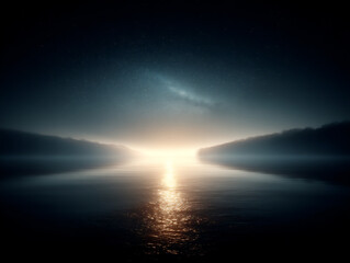 starlit night sky reflecting over calm lake