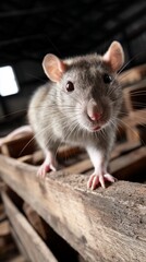 Close-up of a gray rat on wooden pallets
