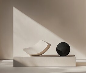 Minimalist composition of a curved white form and a black sphere on a light beige platform, bathed in soft sunlight
