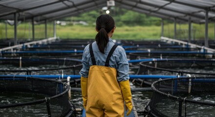Adult woman in yellow waders and gloves stands looking out over circular fish pens at a large outdoor aquaculture farm facility