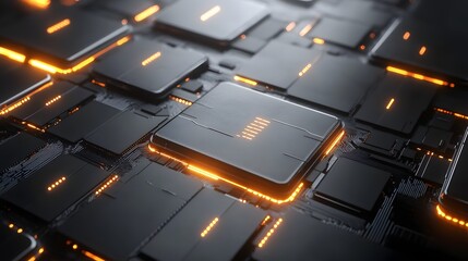 Abstract digital circuit board with glowing components.