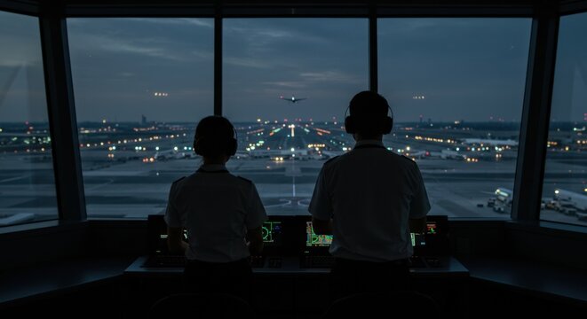 Observing the night sky and runway lights, two people in silhouette, wearing headsets, stand inside an airport control tower as an airplane takes off in the distance.