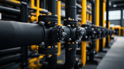 Fototapeta premium A close up view highlights the detailed construction and alignment of industrial pipes in a manufactu facility.
