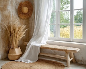 Cozy interior with natural decor showcasing a rustic bench, soft drapes, and decorative plants near a window revealing a scenic view of nature