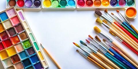 Naklejka premium Watercolor Painting Supplies: Brushes, Paper, and Colors on White Background