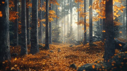 Fototapeta premium Autumnal forest scene with sunlight