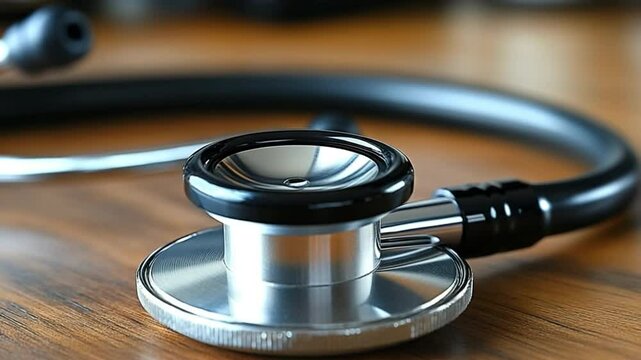 Stethoscope on Wooden Surface: A close-up of a stethoscope resting on a wooden surface, showcasing its intricate design and association with healthcare and medicine.