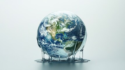 Earth globe melting with water dripping down on a plain white background in a studio shot