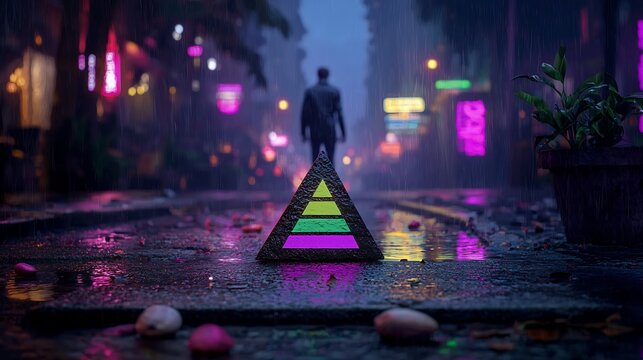 Rainy night city street scene.  A person walks down a wet street.  Neon lights illuminate a triangular marker
