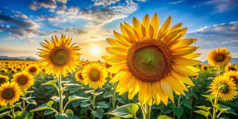 Obraz premium Young Sunflowers Blooming in a Field Under a Vibrant Blue Sky - Summer Nature Stock Photo