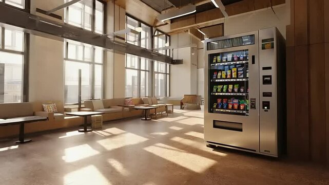 Modern vending machine in open-plan office space.