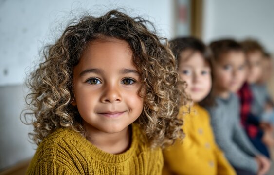 Curly-haired child smiling in classroom with diverse group of children sitting together - Powered by Adobe