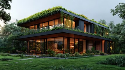 Fototapeta premium Contemporary house covered in green plants blends seamlessly into lush natural surroundings on cloudy day.