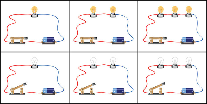 Simple Electrical Circuit, Series circuit with 1 lamp, 2 lamps and 3 lamps with switch and battery