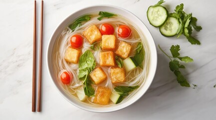 Pan-Asian-inspired soup with rice noodles, tofu, cherry tomatoes, and cucumber