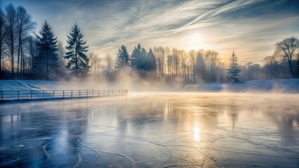 Fototapeta premium Atmospheric ice rink with dense fog and misty smoke enveloping it in a serene winter scene, frozen landscape