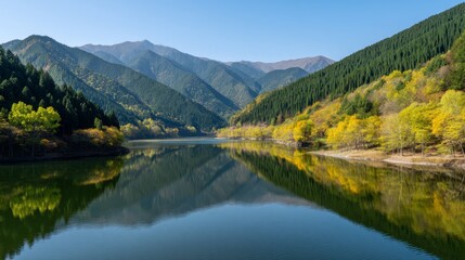 Fototapeta premium Serene Mountain Lake Surrounded by Lush Green Forests and Vibrant Fall Foliage Under Clear Blue Sky