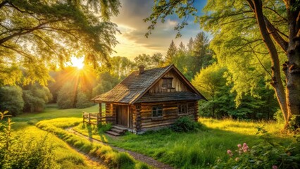 Fototapeta premium Ancient wooden cottage nestled among the lush greenery of a vast countryside under the warm rays of golden sunlight filtering through the trees, golden sunlight, rural scenery